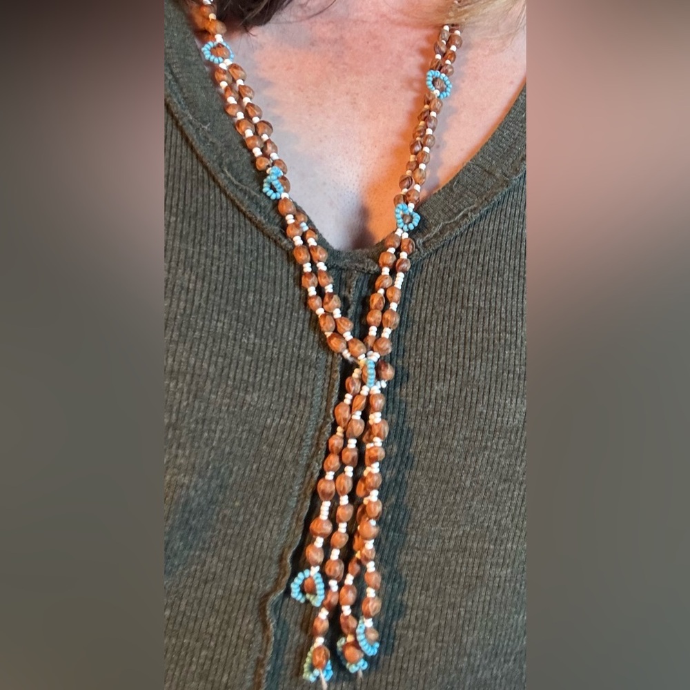 New Seed Nut Lariat Prayer Necklace Brown White Turquoise Boho Tribal Native